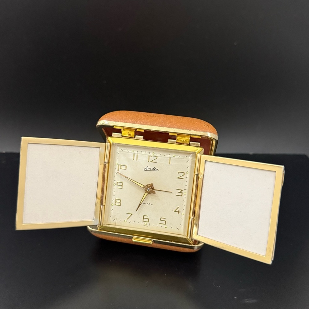 Vintage 60’s LINDEN Travel Wind Up Alarm Clock W/ Fold Out Photo Frames